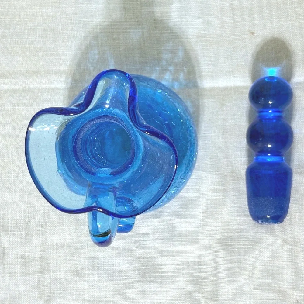 Rainbow Art Glass Cobalt Blue Crackle Glass Decanter Pitcher Triple Ball Stopper